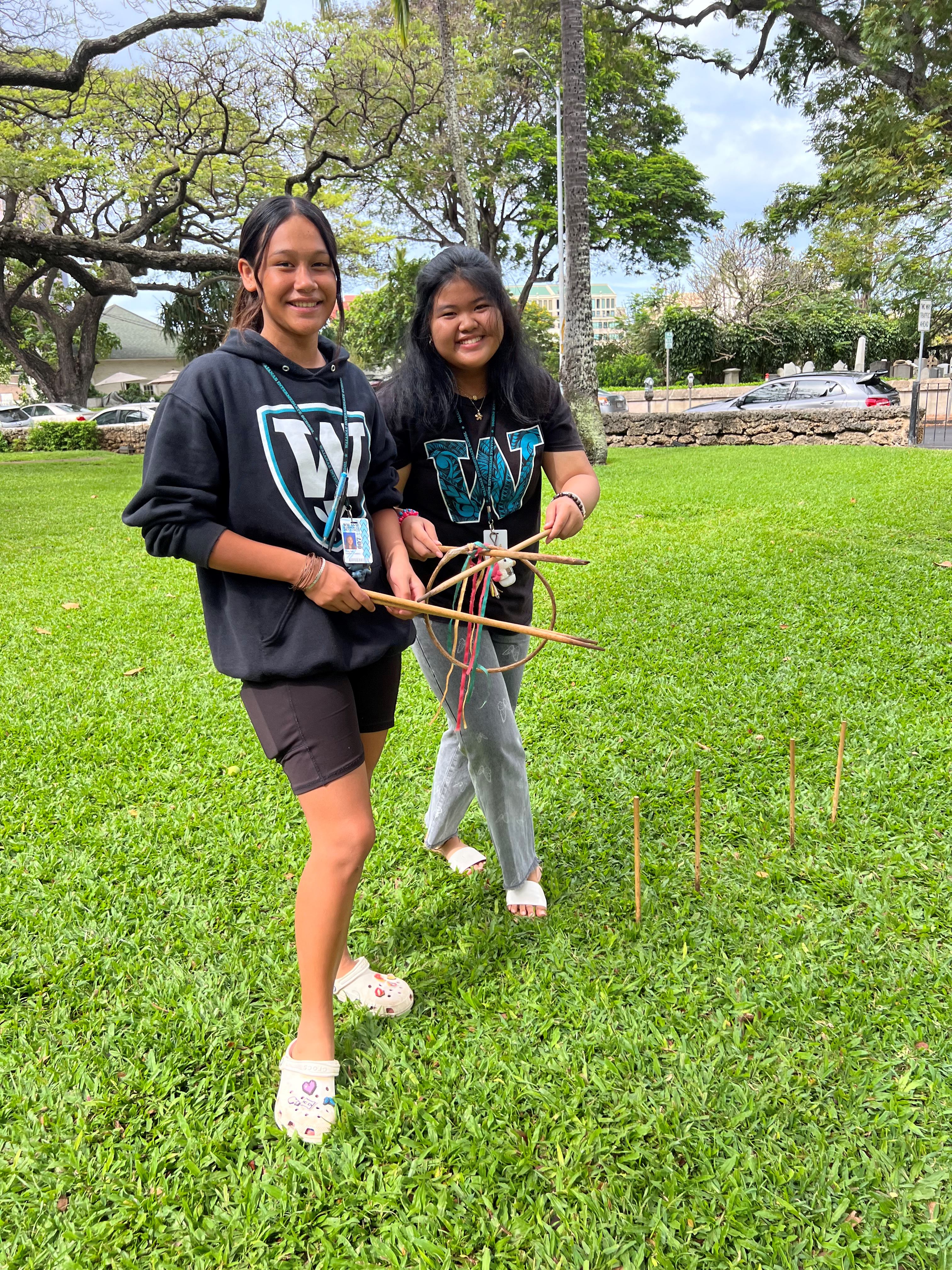 Students enjoying the historical games station of their field trip